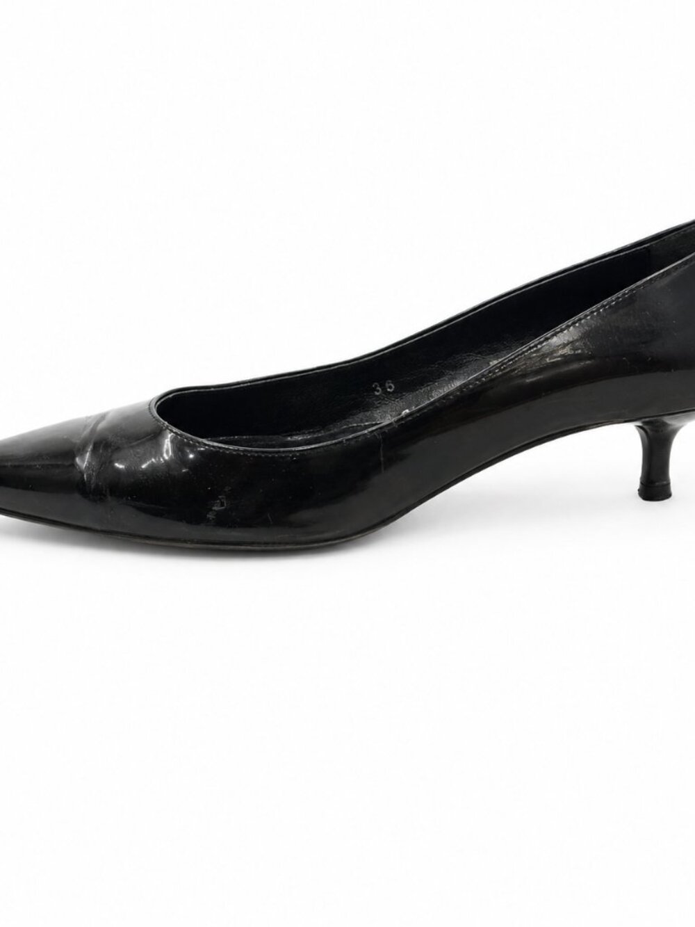 Prada Black Patent Leather Pointed Toe Kitten Heel Pumps Size 36 Italy - Picture 3 of 4